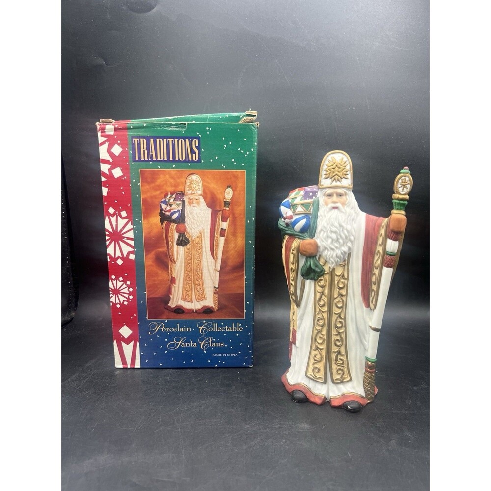 Traditions St Nicholas Santa Claus Porcelain Figurine White Gold Staff Toy Sack